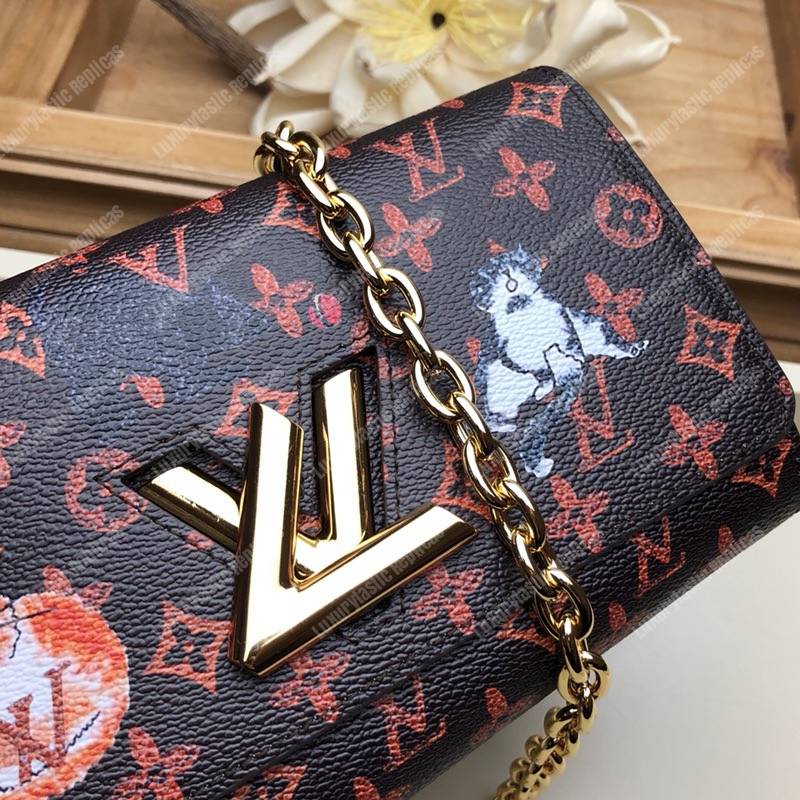 Louis Vuitton Twist Chain Wallet Catogram Dogs and Cats Brown